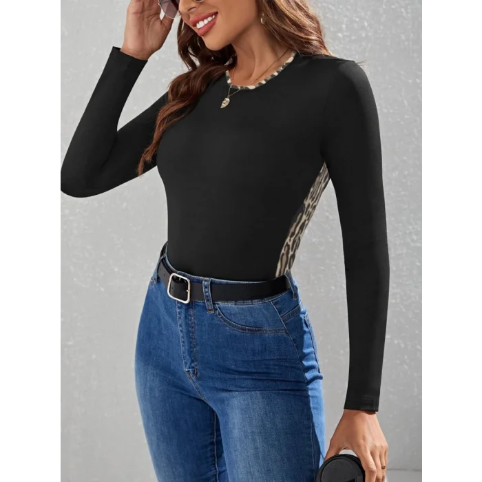 Kadın Uzun Kollu Leopar şeritli Viskon Bluz