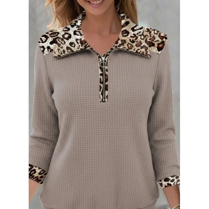 Kadın Uzun Kollu Leopar Yakalı Fermuarlı Waffle Bluz