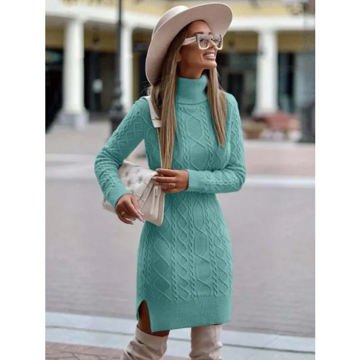 Kadın Uzun Kollu Loren Yünlü Motifli Midi Boy Triko Elbise