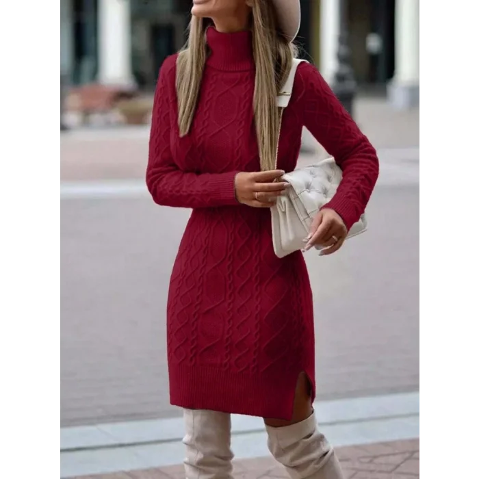 Kadın Uzun Kollu Loren Yünlü Motifli Midi Boy Triko Elbise