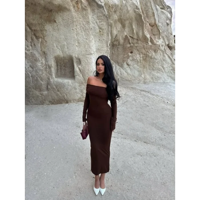 Kadın Uzun Kollu Madonna Yaka Midi Boy Elbise