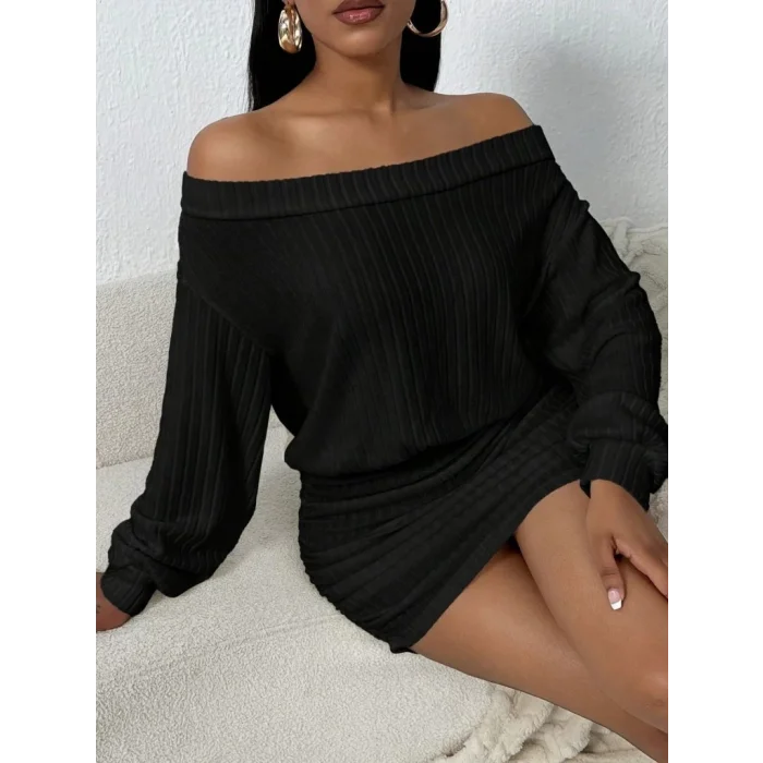 Kadın Uzun Kollu Madonna Yaka Yanlardan Büzgülü şardonlu Kaşkorse Mini Elbise