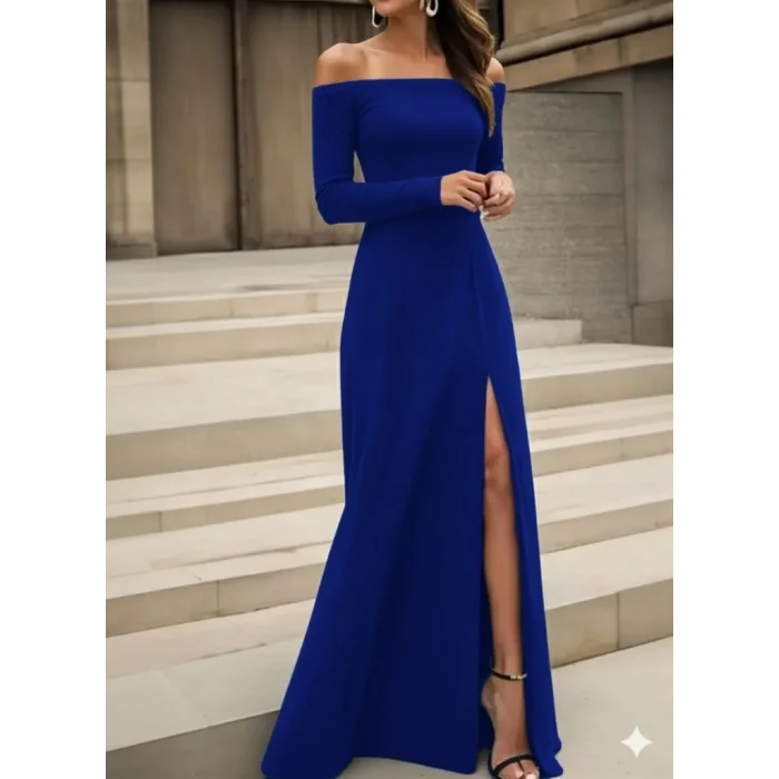 Kadın Uzun Kollu Madonna Yakalı Yırtmaç Detaylı Uzun Ithal Krep Elbise