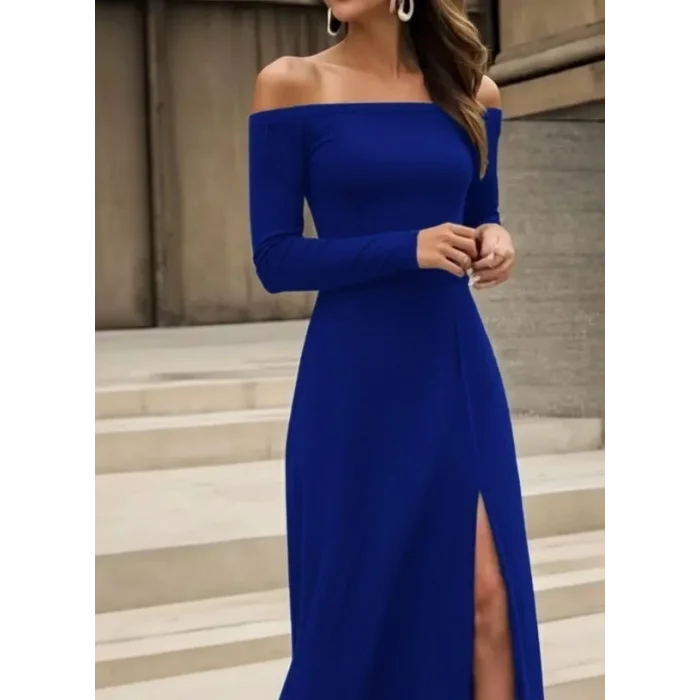 Kadın Uzun Kollu Madonna Yakalı Yırtmaç Detaylı Uzun Ithal Krep Elbise