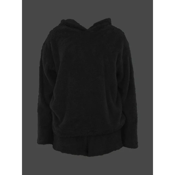 Kadın Uzun Kollu Meow Kedi Nakışlı Kapşonlu Peluş Sweat Ve Short Ikili Takım