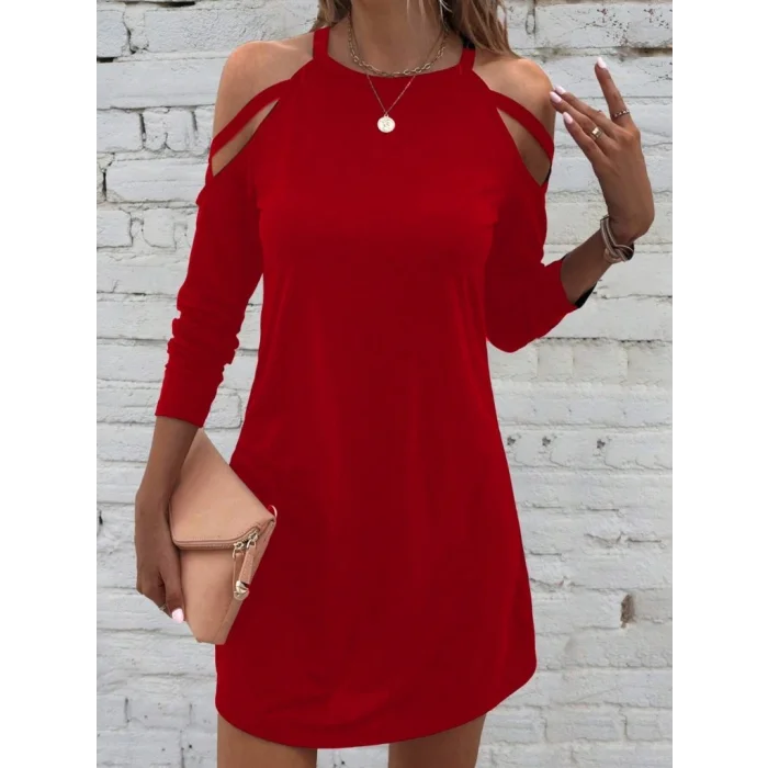 Kadın Uzun Kollu Omuz Açık Askı Detay Viskon Mini Boy Elbise