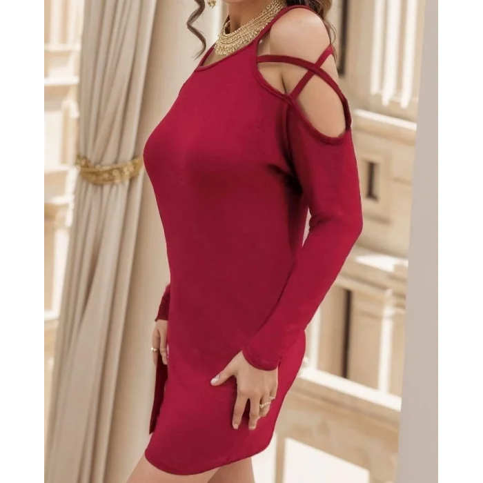 Kadın Uzun Kollu Omuz Açık Askı Detay Viskon Mini Boy Elbise