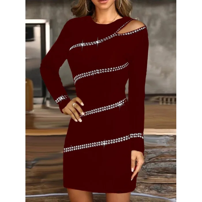 Kadın Uzun Kollu Omuz Pencere Detay Taş Işlemeli Dalgıç Mini Elbise