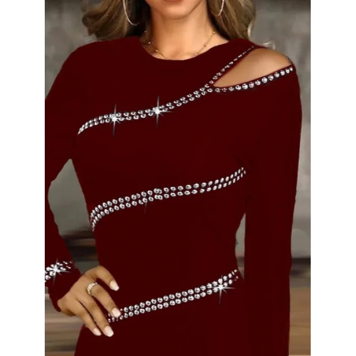 Kadın Uzun Kollu Omuz Pencere Detay Taş Işlemeli Dalgıç Mini Elbise