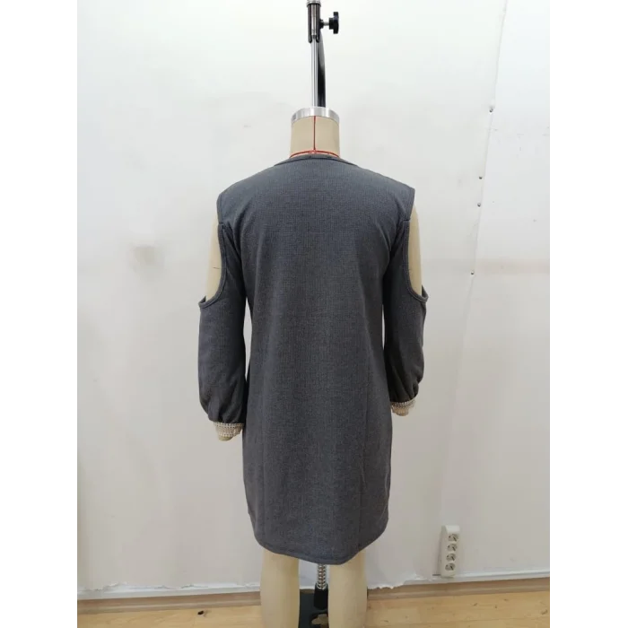 Kadın Uzun Kollu Omuzdan Açık V Dantel Yakalı Mini Waffle Elbise