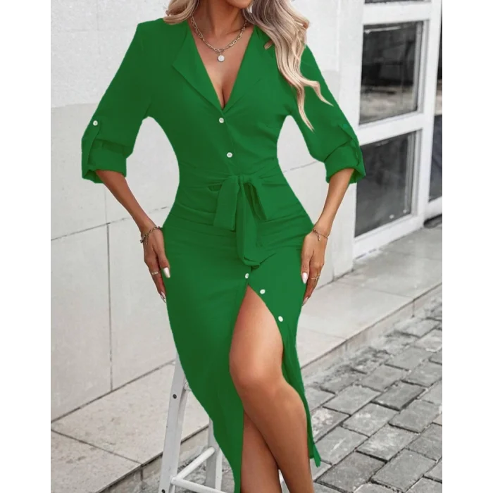 Kadın Uzun Kollu önden Düğmeli Beli Kuşaklı Aerobin Midi Elbise