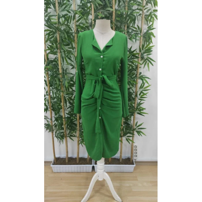 Kadın Uzun Kollu önden Düğmeli Beli Kuşaklı Aerobin Midi Elbise