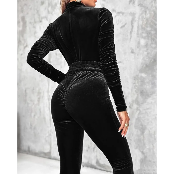 Kadın Uzun Kollu önden Fermuar Detaylı Kemerli Kadife Tulum