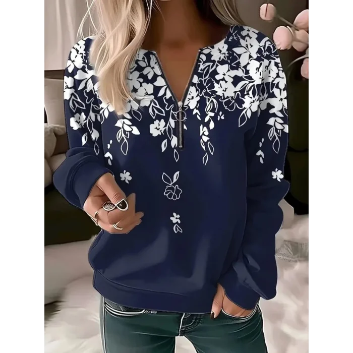 Kadın Uzun Kollu önden Fermuarlı çiçek Desenli şardonlu Dalgıç Bluz