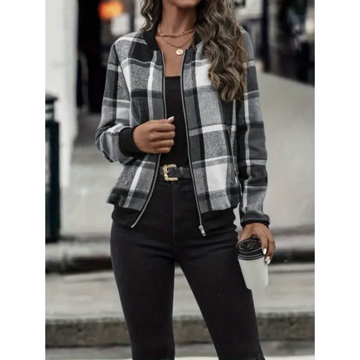 Kadın Uzun Kollu önden Fermuarlı Ekose Desenli Ceket