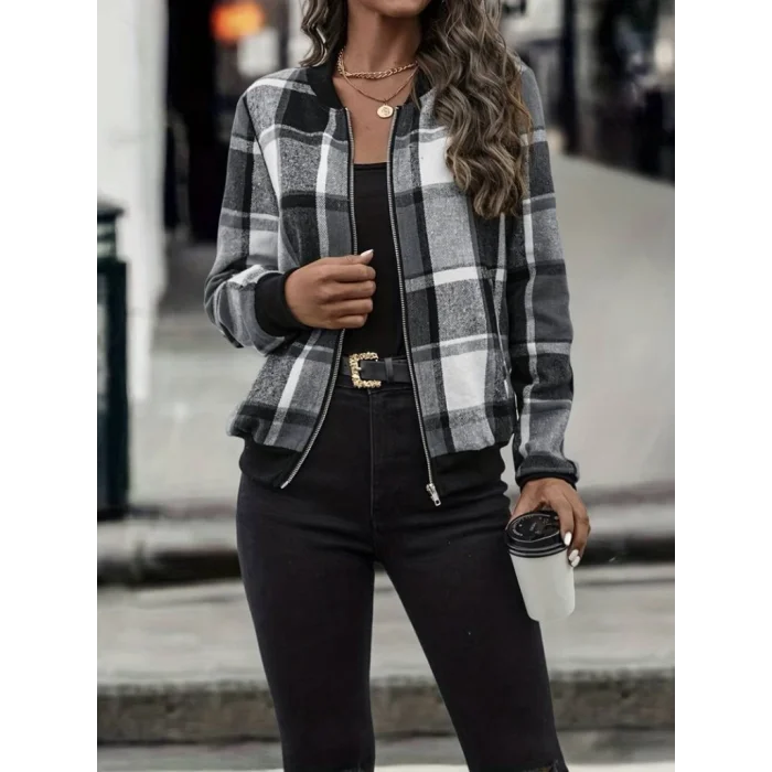 Kadın Uzun Kollu önden Fermuarlı Ekose Desenli Ceket