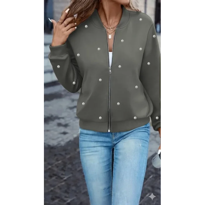 Kadın Uzun Kollu önden Fermuarlı Incili Kısa Modal Ceket