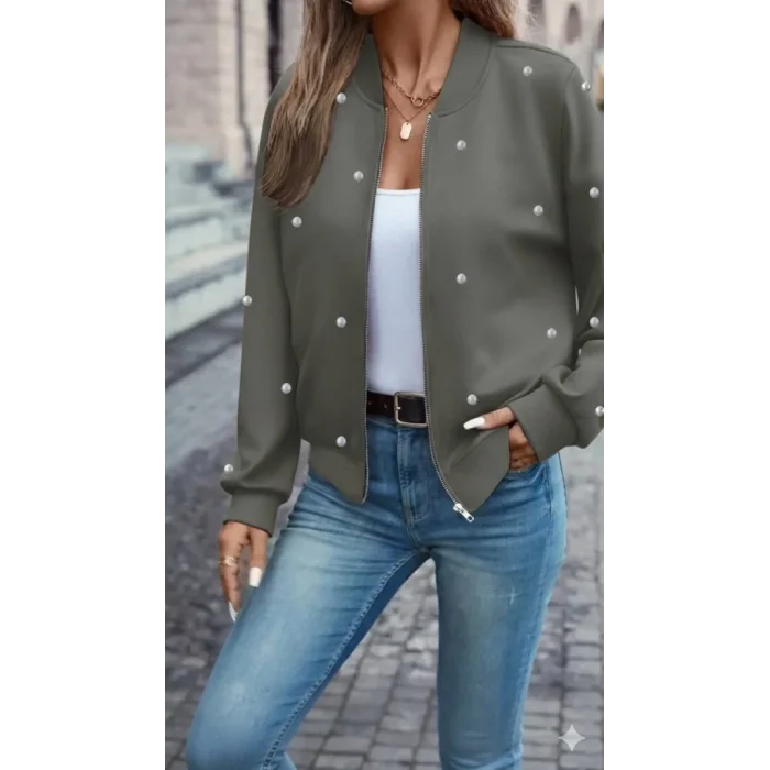 Kadın Uzun Kollu önden Fermuarlı Incili Kısa Modal Ceket