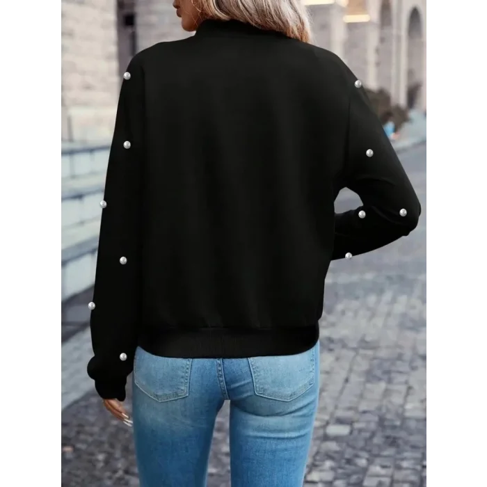 Kadın Uzun Kollu önden Fermuarlı Incili Kısa Modal Ceket