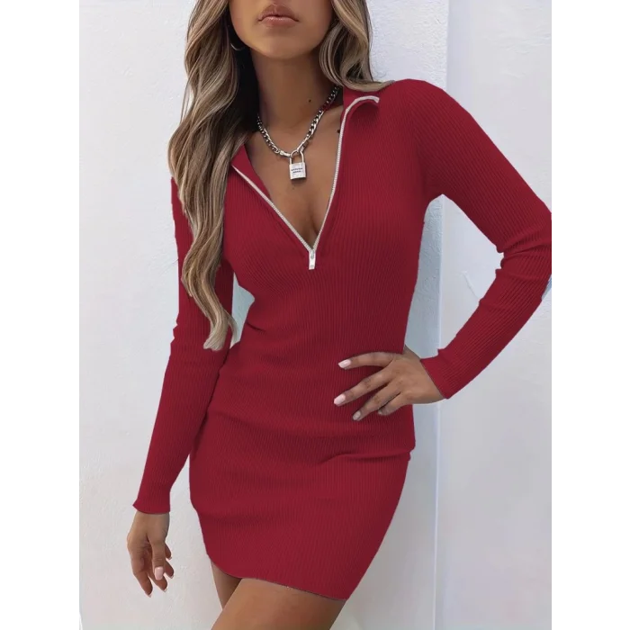 Kadın Uzun Kollu önden Fermuarlı Mini Kaşkorse Elbise
