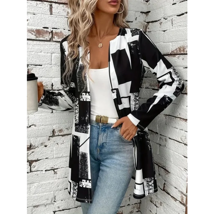 Kadın Uzun Kollu önü Açık Desenli Modal Kısa Ceket