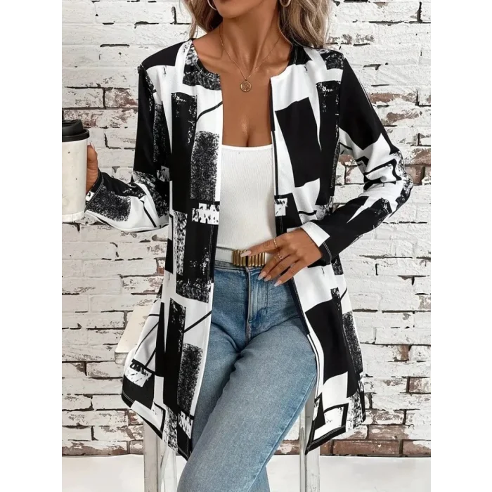Kadın Uzun Kollu önü Açık Desenli Modal Kısa Ceket