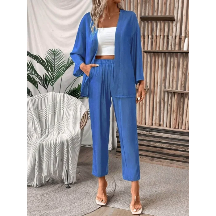 Kadın Uzun Kollu önü Açık Dokuma Ceket Ve Pantolon Ikili Takım