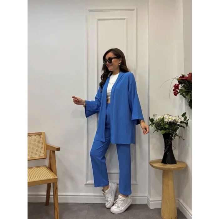 Kadın Uzun Kollu önü Açık Dokuma Ceket Ve Pantolon Ikili Takım