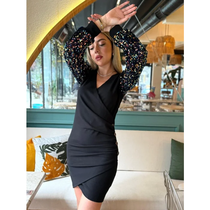 Kadın Uzun Kollu Pul Payetli Kruvaze Yaka Yandan Düğmeli Kısa Ithal Krep Elbise