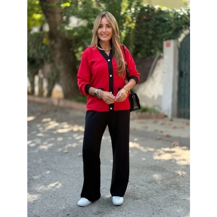 Kadın Uzun Kollu Ribanali Cep Detay Hırka Ve Bol Paça Pantolon Ikili Takım