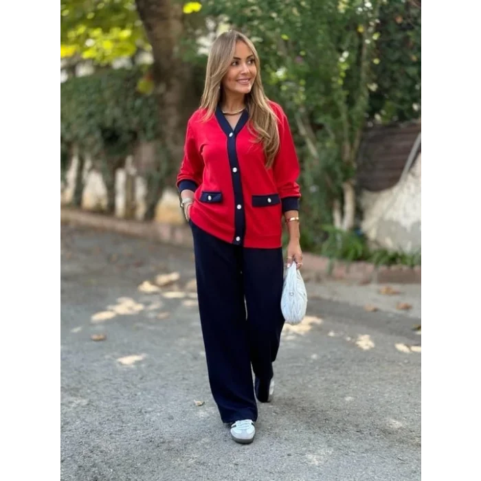 Kadın Uzun Kollu Ribanali Cep Detay Hırka Ve Bol Paça Pantolon Ikili Takım