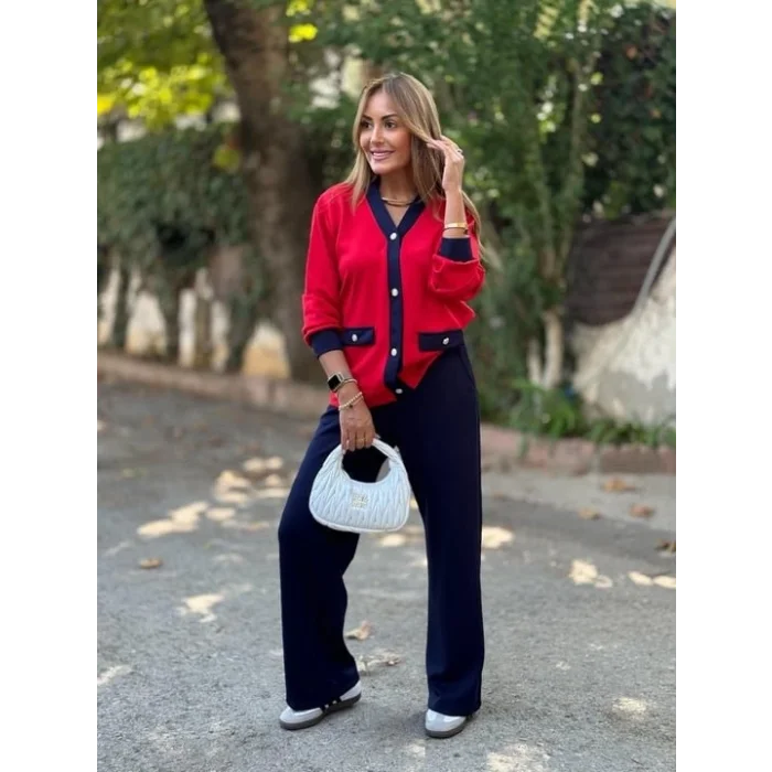 Kadın Uzun Kollu Ribanali Cep Detay Hırka Ve Bol Paça Pantolon Ikili Takım