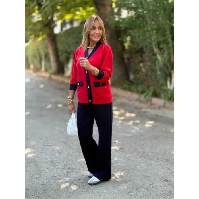 Kadın Uzun Kollu Ribanali Cep Detay Hırka Ve Bol Paça Pantolon Ikili Takım