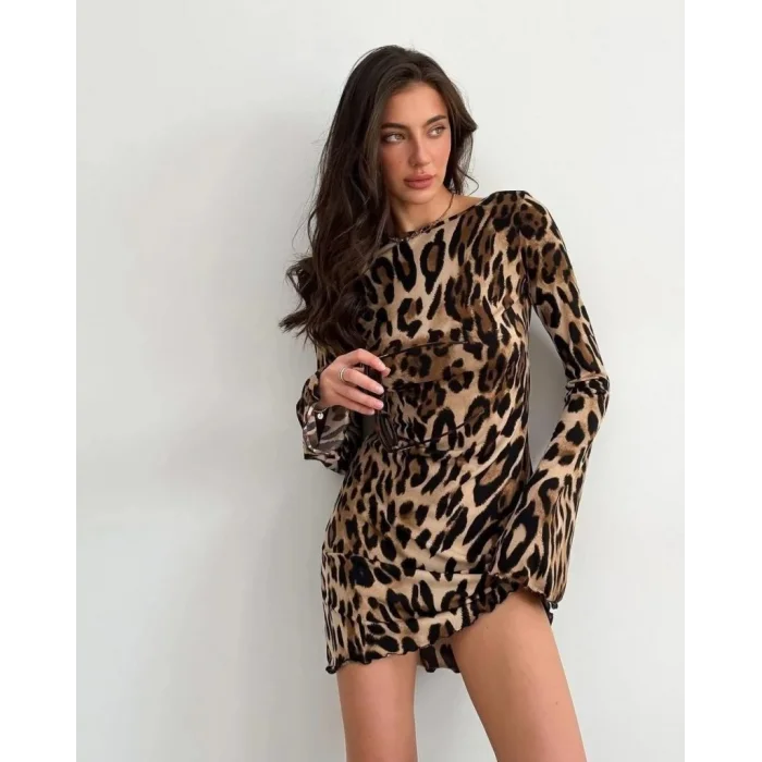 Kadın Uzun Kollu Sırtı Açık Bağlamalı Leopar Desenli Kısa Dalgıç Elbise