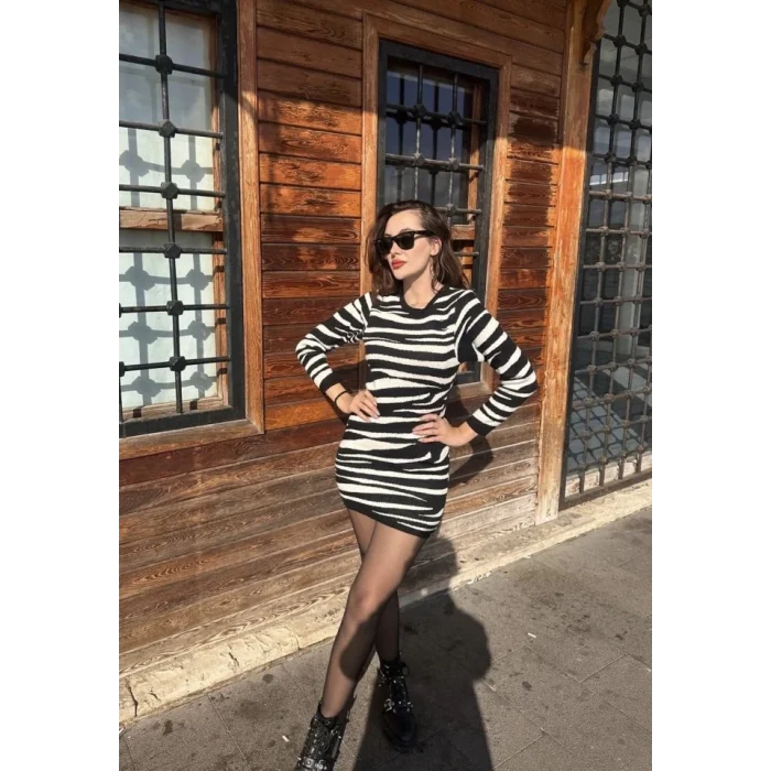 Kadın Uzun Kollu Siyah Beyaz Zebra Desen Triko Elbise