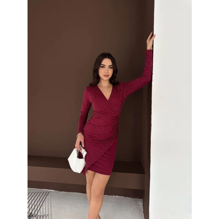 Kadın Uzun Kollu Taş Detay Mini Kruvaze Elbise