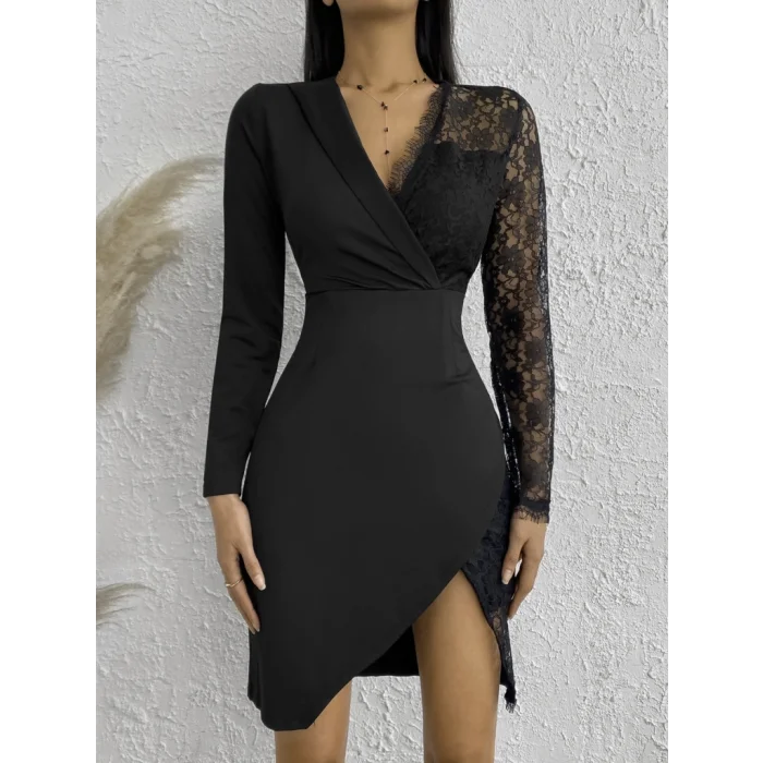 Kadın Uzun Kollu Tek Kolu Dantel Detay V Yakalı Yırtmaçlı Dalgıç Elbise