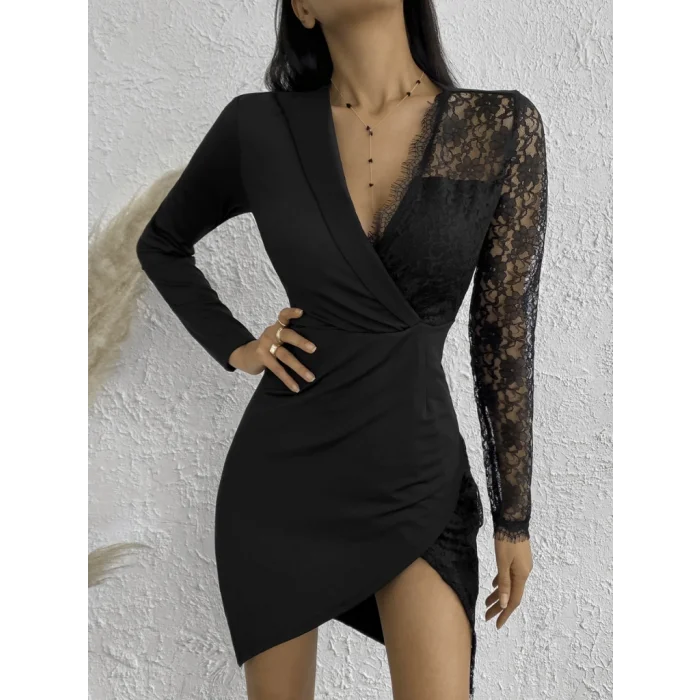 Kadın Uzun Kollu Tek Kolu Dantel Detay V Yakalı Yırtmaçlı Dalgıç Elbise