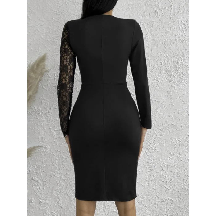 Kadın Uzun Kollu Tek Kolu Dantel Detay V Yakalı Yırtmaçlı Dalgıç Elbise