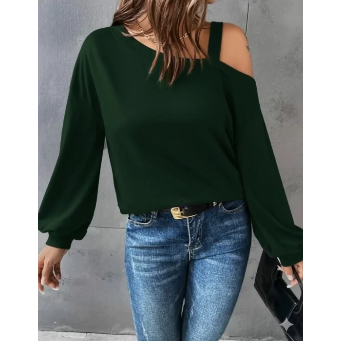 Kadın Uzun Kollu Tek Omuz Askı Detay Salaş Viskon Iki Iplik Bluz