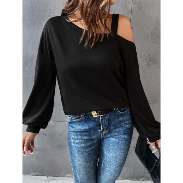 Kadın Uzun Kollu Tek Omuz Askı Detay Salaş Viskon Iki Iplik Bluz