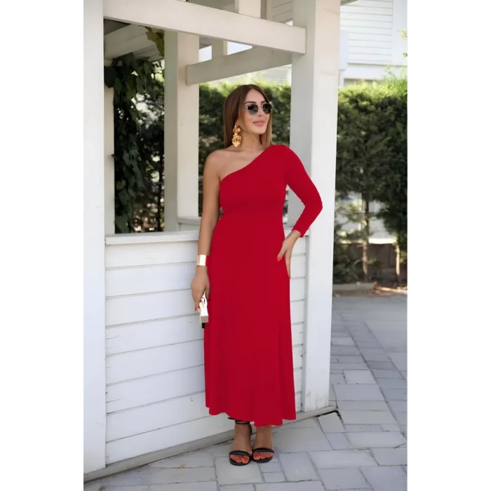 Kadın Uzun Kollu Tek Omuz Detay Krep Elbise