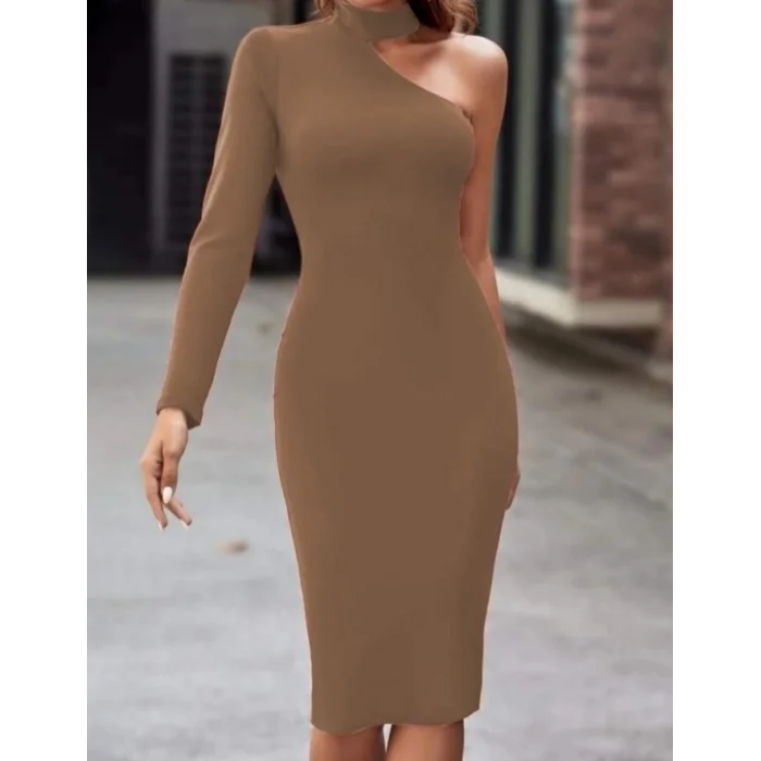 Kadın Uzun Kollu Tek Omuz Ve Kol Açık Detay Viskon Mini Boy Elbise