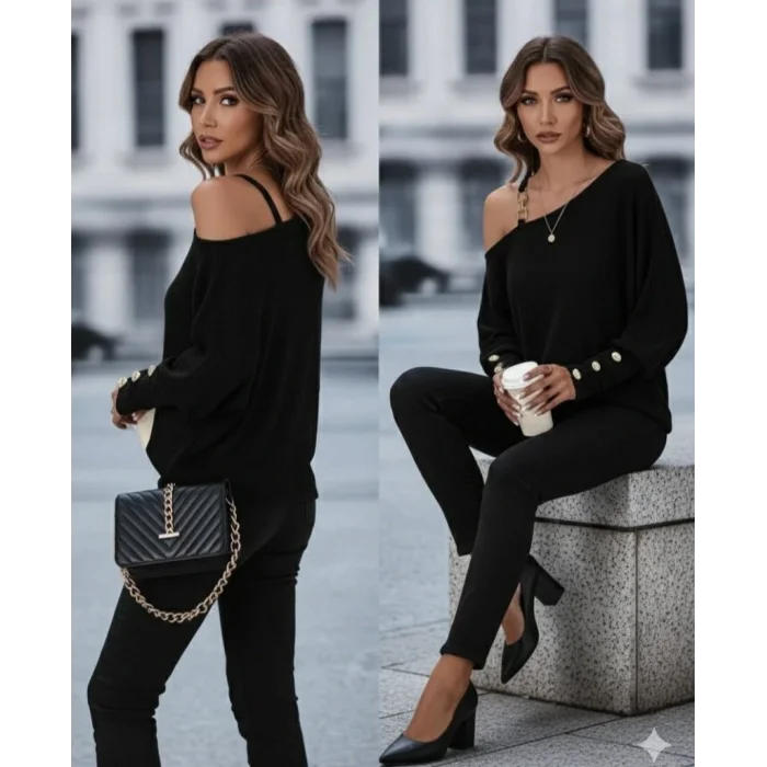 Kadın Uzun Kollu Tek Omuzdan Açık Askı Detaylı Waffle Bluz