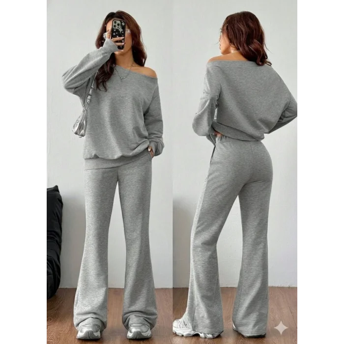 Kadın Uzun Kollu Tek Omuzdan Açık Iki Iplik Bluz Ve Pantolon Ikili Takım