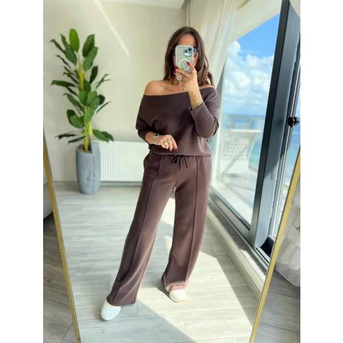 Kadın Uzun Kollu Tek Omuzdan Açık Modal Bluz Ve Pantolon Ikili Takım