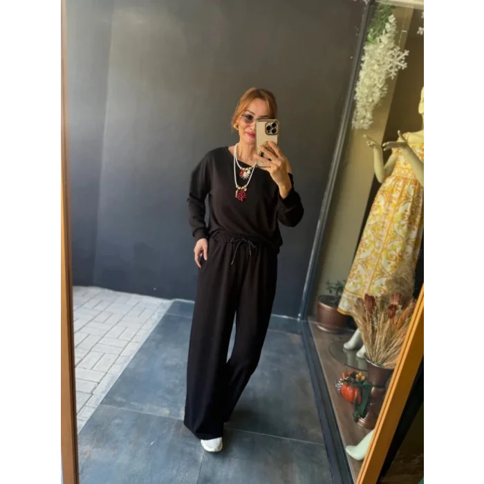 Kadın Uzun Kollu Tek Omuzdan Açık Viskon Iki Iplik Bluz Ve Pantolon Ikili Takım