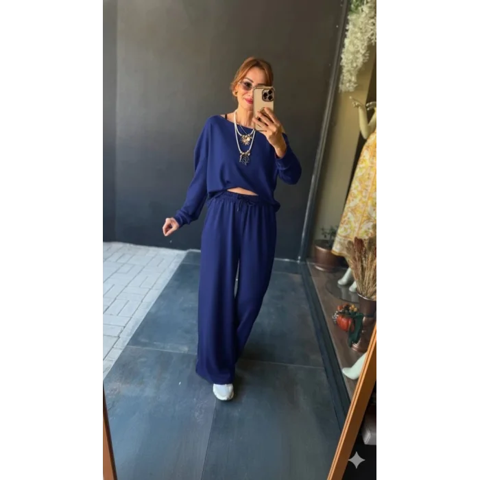 Kadın Uzun Kollu Tek Omuzdan Açık Viskon Iki Iplik Bluz Ve Pantolon Ikili Takım
