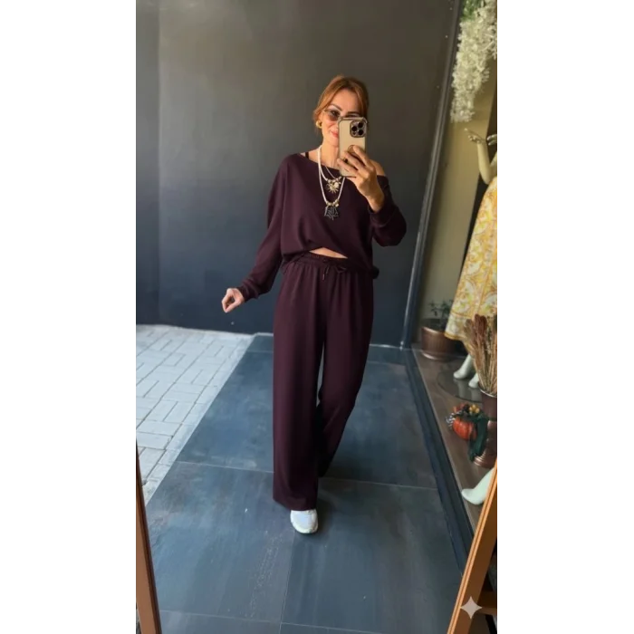 Kadın Uzun Kollu Tek Omuzdan Açık Viskon Iki Iplik Bluz Ve Pantolon Ikili Takım