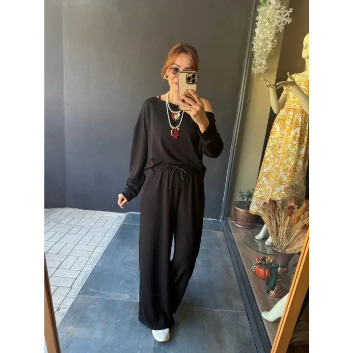 Kadın Uzun Kollu Tek Omuzdan Açık Viskon Iki Iplik Bluz Ve Pantolon Ikili Takım